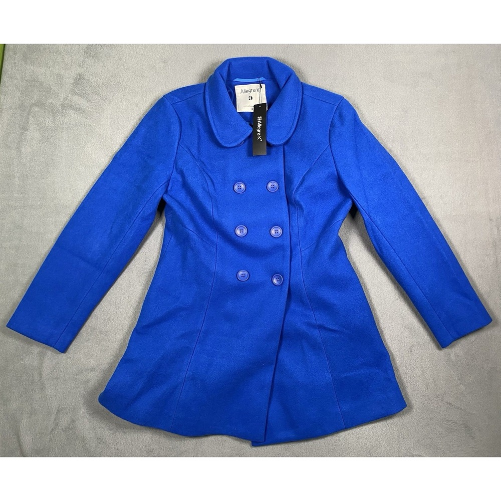 NWT Allegra K Double Breasted Mid Length Jacket Blue Maximalist Bold Pockets